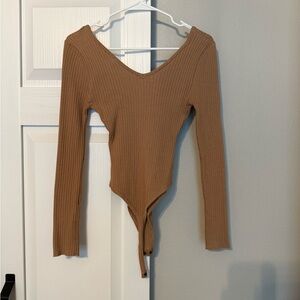 Love Tree Ribbed V-Neck Bodysuit - Camel